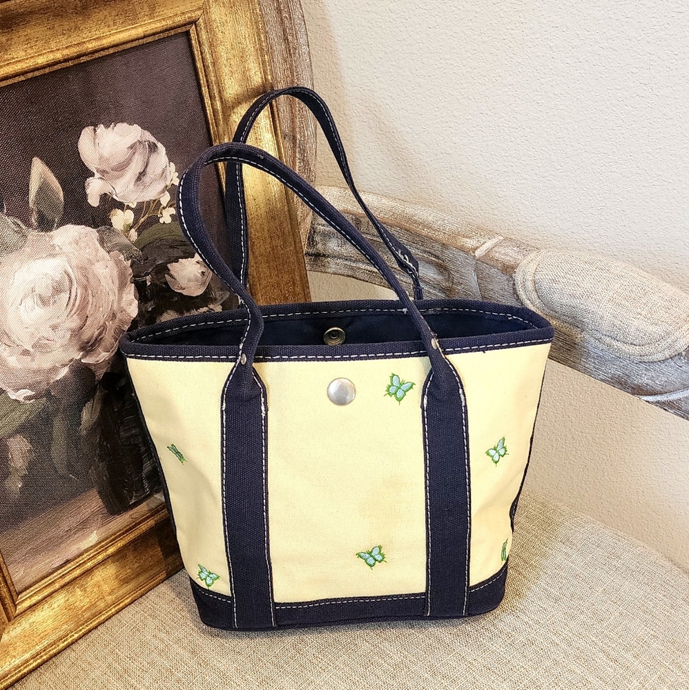 J. Crew Light Yellow and Navy Mini Tote Bag with Green Butterfly Accents 10×6.5